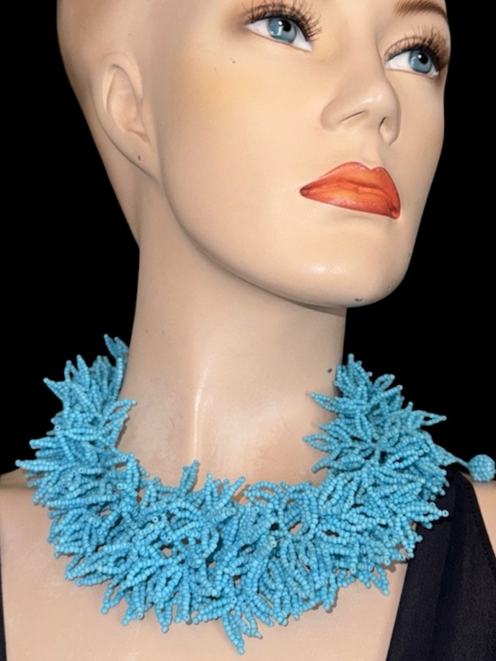 Blue Coral Designed Glass Beaded Fringe Necklace